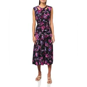 Kasper Women's Cap Sleeve Twist Midi Dress, Black/Cerise